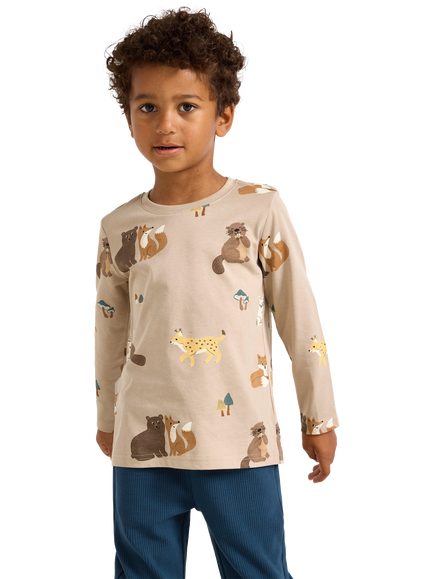 Lindex Kids' Cotton Forest Animal Long Sleeve Top, Dusty Beige