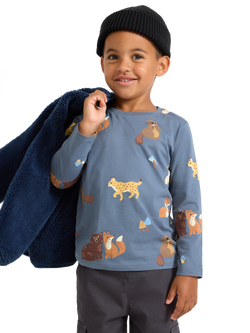 Lindex Kids' Cotton Forest Animal Long Sleeve Top, Dark Dusty Blue