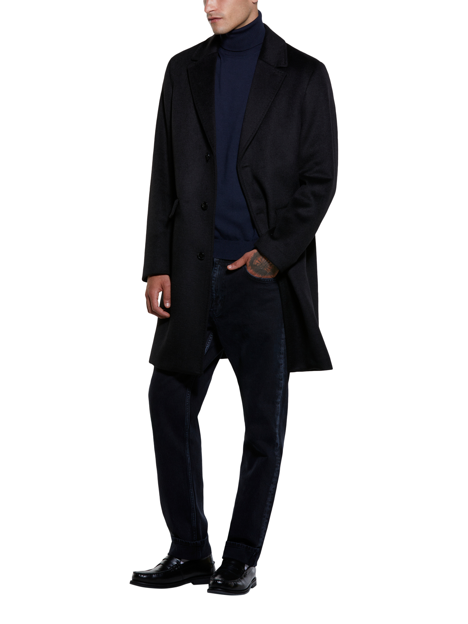 Product image 3 of 3, which shows SISLEY Slim Fit Single-Breasted Wool Overcoat, Black, 36R