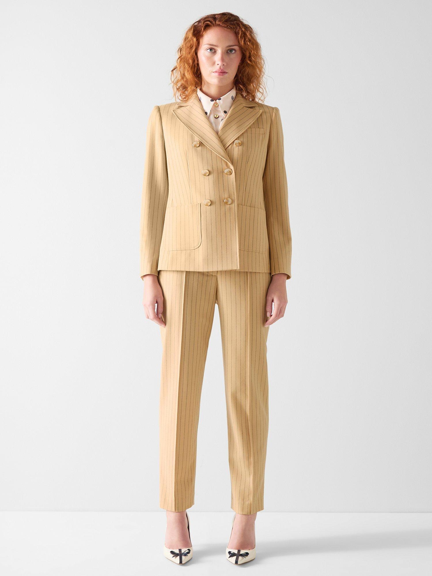 Product image 1 of 4, which shows L.K.Bennett Winnie Wool Blend Double Breasted Pinstripe Jacket, Beige/Navy, 6