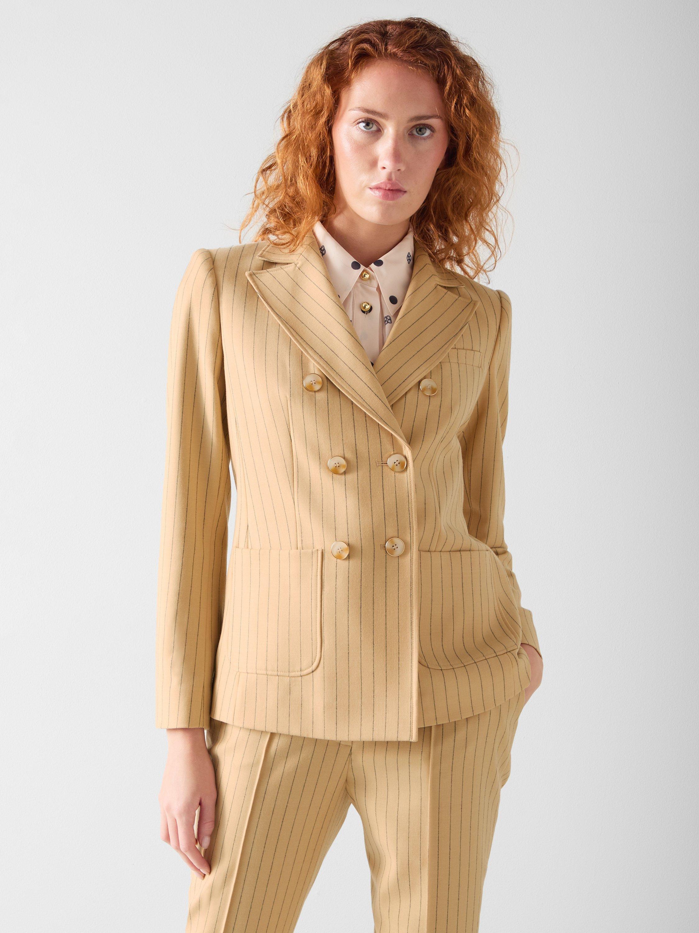 Product image 3 of 4, which shows L.K.Bennett Winnie Wool Blend Double Breasted Pinstripe Jacket, Beige/Navy, 6