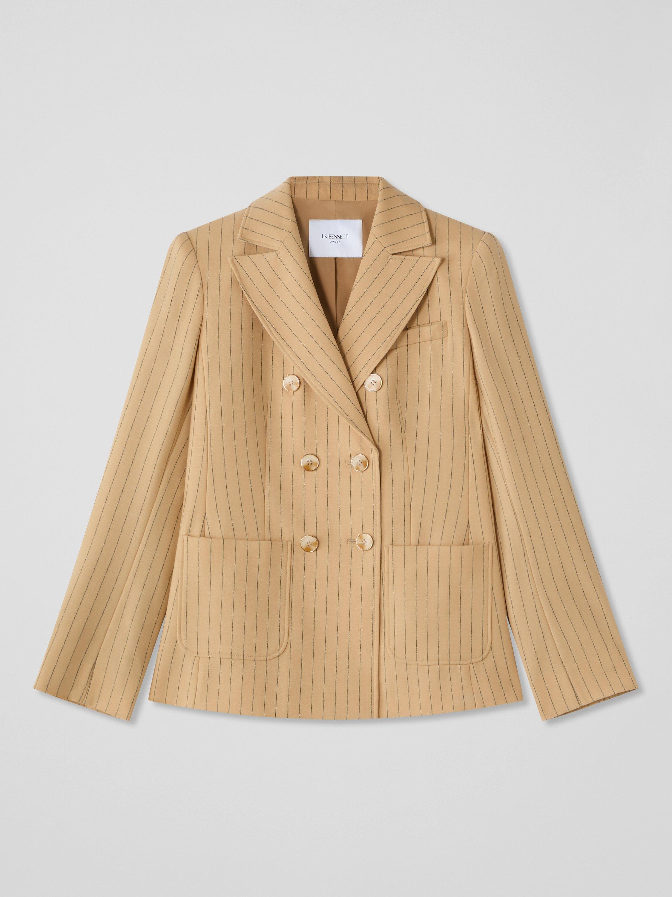 Product image 4 of 4, which shows L.K.Bennett Winnie Wool Blend Double Breasted Pinstripe Jacket, Beige/Navy, 6
