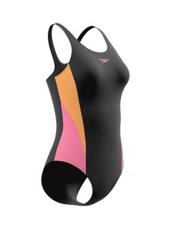 Speedo Colour Block Splice Muscleback Swimsuit, Anthracite/Cream - view 2, Anthracite/Cream