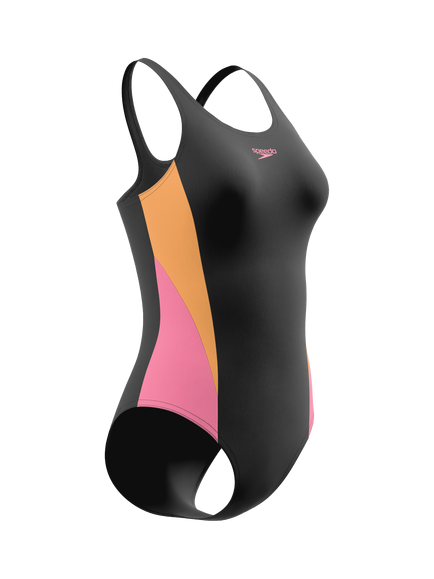 Speedo Colour Block Splice Muscleback Swimsuit, Anthracite/Cream - view 2, Anthracite/Cream