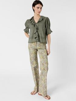 Gerard Darel Ceylia Cotton Short Sleeve Waterfall Trim Top, Khaki Green