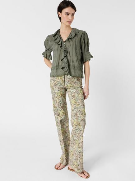 Gerard Darel Ceylia Cotton Short Sleeve Waterfall Trim Top, Khaki Green