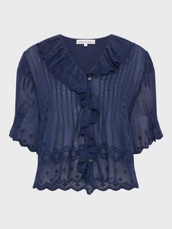 Gerard Darel Ceylia Cotton Short Sleeve Waterfall Trim Top, Navy