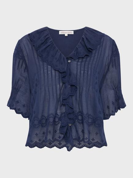 Gerard Darel Ceylia Cotton Short Sleeve Waterfall Trim Top, Navy