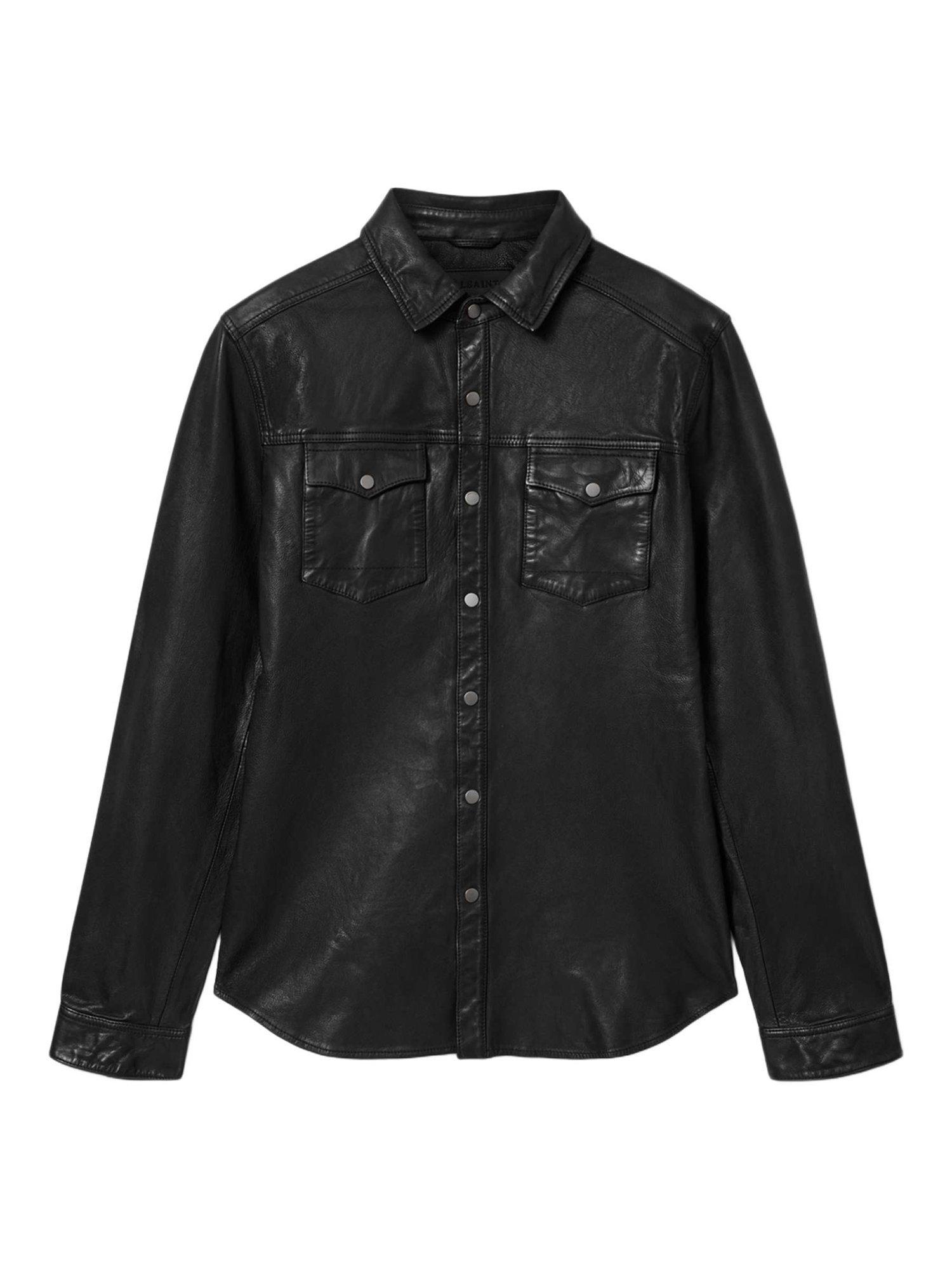 Product image 4 of 6, which shows AllSaints Irwin Leather Shacket, Black, L