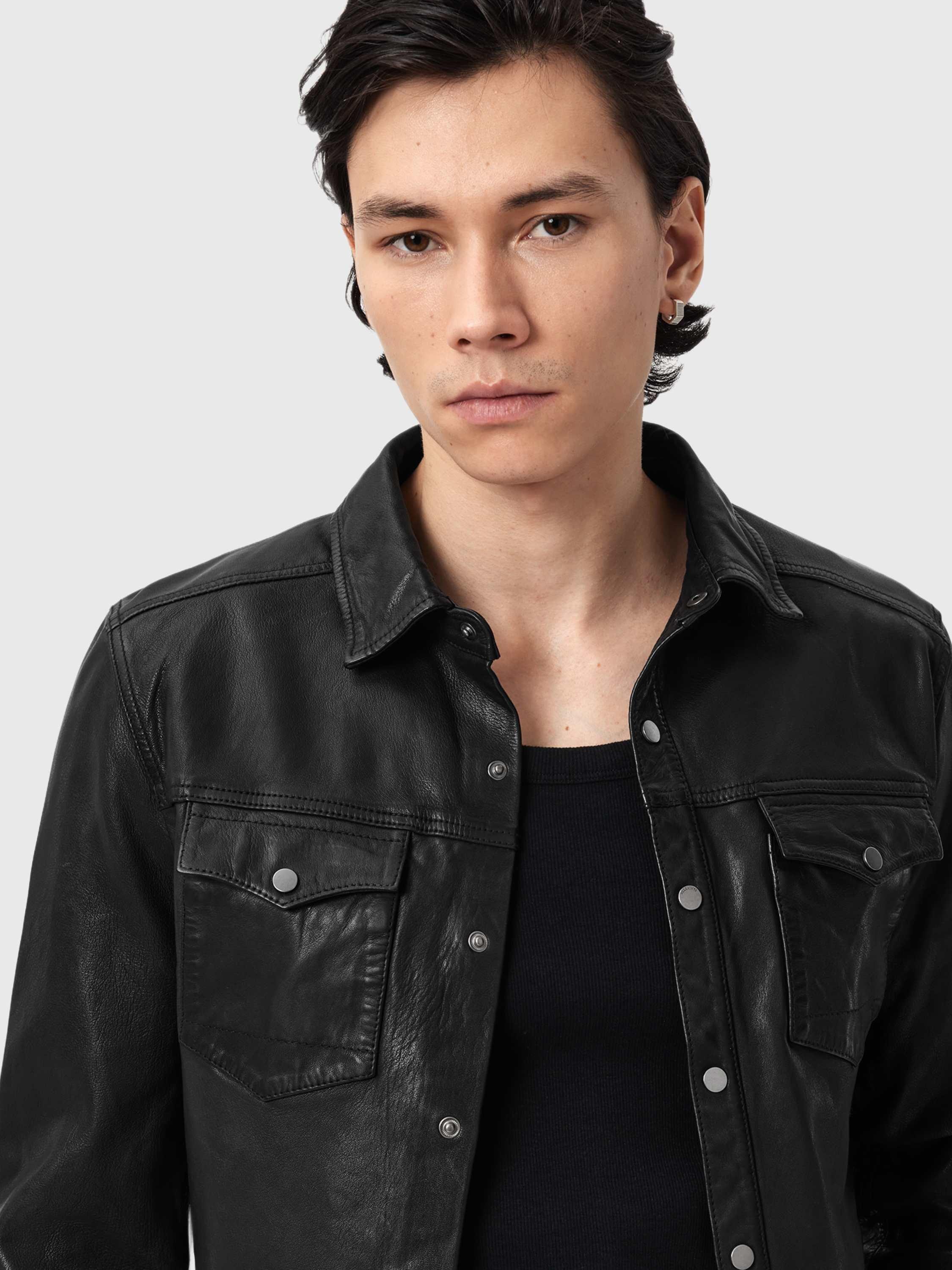 Product image 5 of 6, which shows AllSaints Irwin Leather Shacket, Black, L