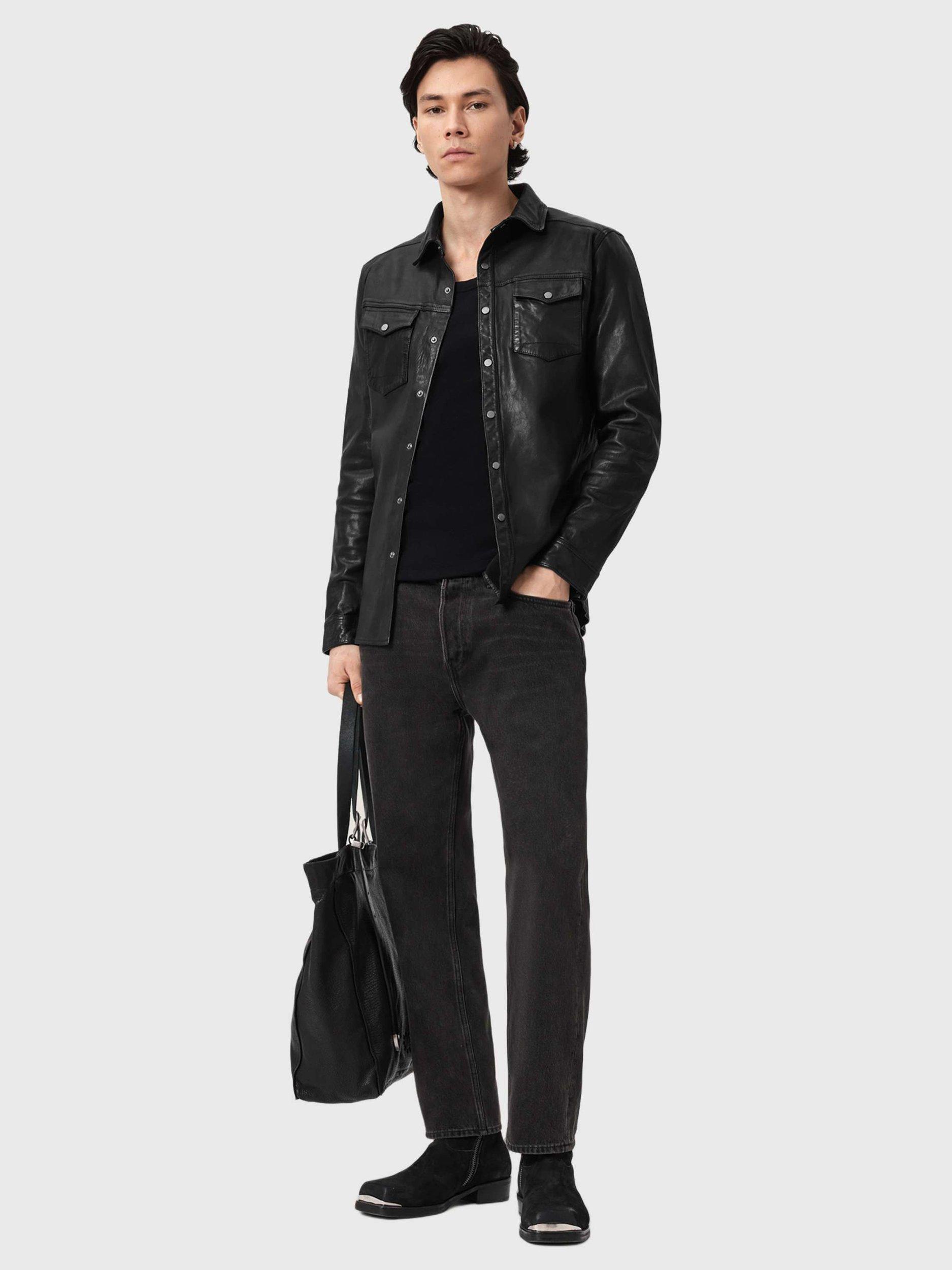Product image 6 of 6, which shows AllSaints Irwin Leather Shacket, Black, L