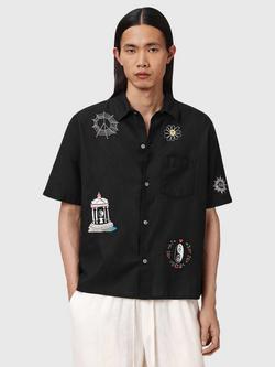 AllSaints Karlton Embroidered Short Sleeve Cotton Linen Blend Shirt, Jet Black, Jet Black