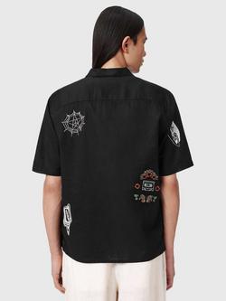 AllSaints Karlton Embroidered Short Sleeve Cotton Linen Blend Shirt, Jet Black - view 2, Jet Black