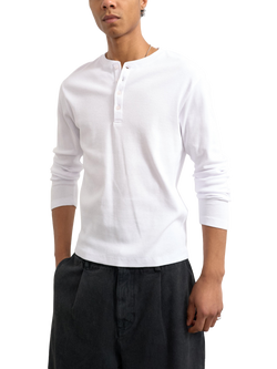 Topman Henley Button Neck Rib Knit Cotton Blend T-Shirt, White, White