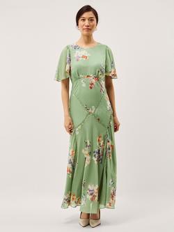 Monsoon Amber Floral Midaxi Dress, Green, Green