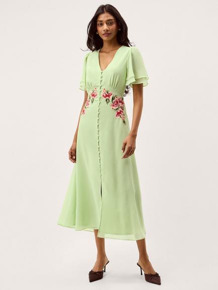 Monsoon Coraline Empire Line Floral Dress, Sage