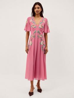 Monsoon Cora Embellished Floral Dress, Rose, Rose