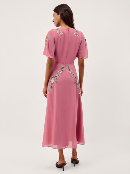 Monsoon Cora Embellished Floral Dress, Rose - view 2, Rose