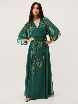Monsoon Skyla Embellished Wrap Maxi Dress, Dark Green, Dark Green