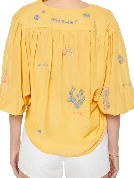 MOTHER The Breeze Embroidered Cotton Blend Yoke Top, Golden Apricot - view 2, Golden Apricot