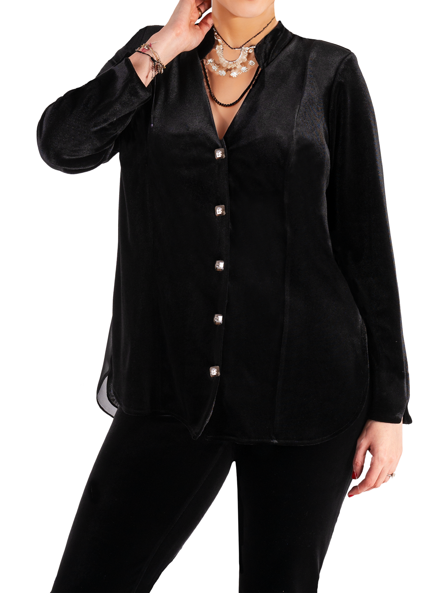 Product image 1 of 5, which shows chesca Stretch Velvet Chiffon Back Top, Black, 12-14
