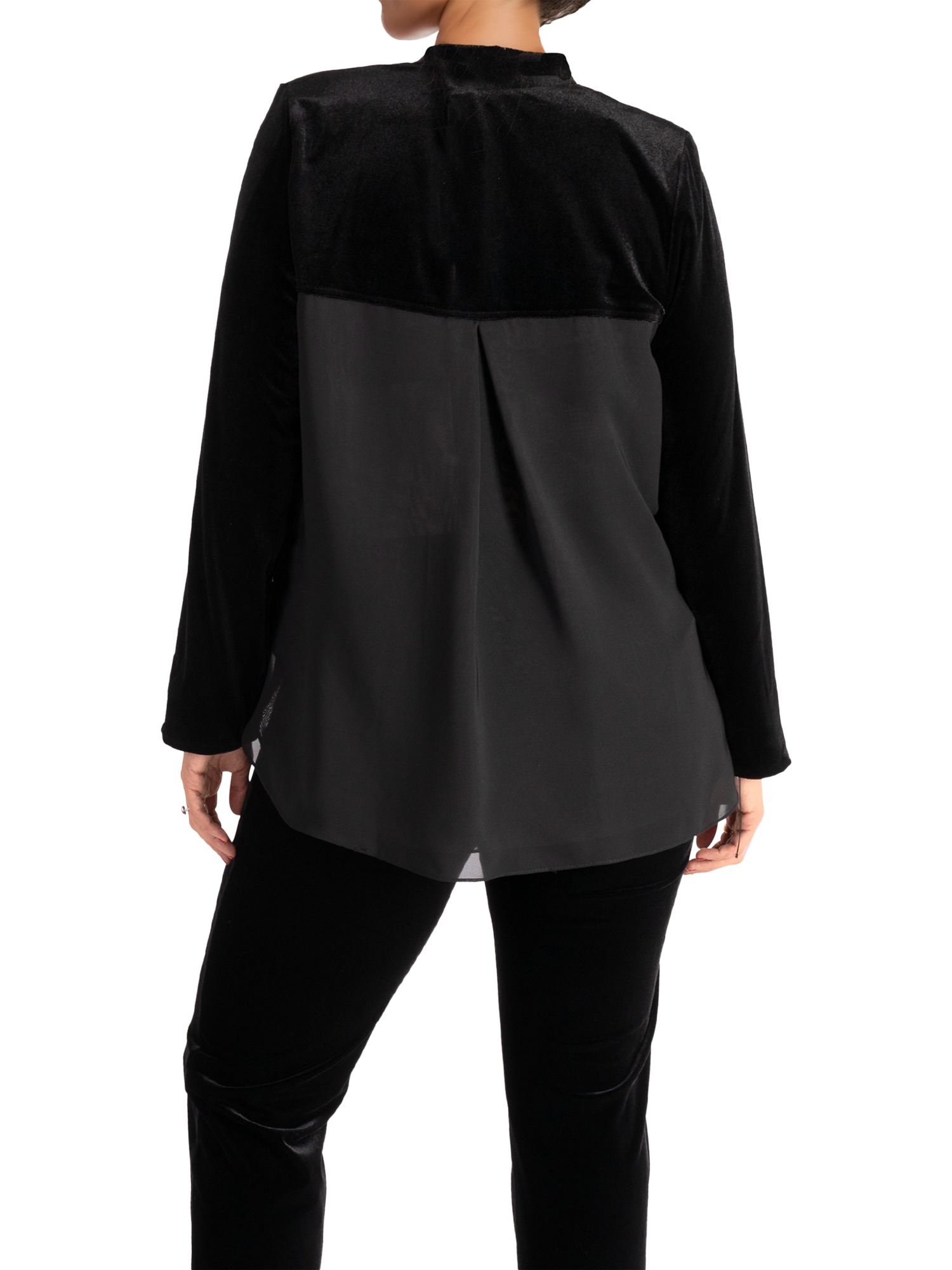 Product image 2 of 5, which shows chesca Stretch Velvet Chiffon Back Top, Black, 12-14