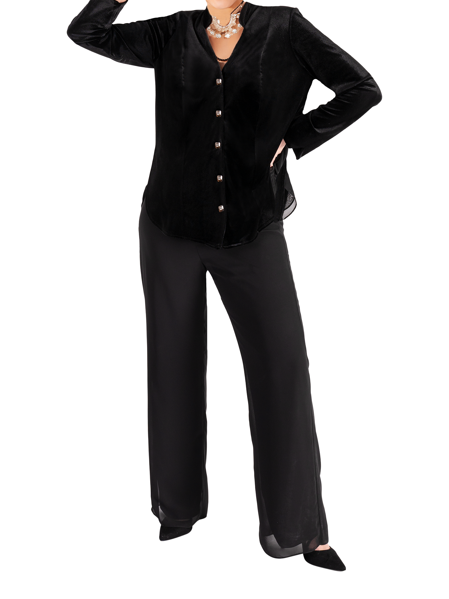 Product image 3 of 5, which shows chesca Stretch Velvet Chiffon Back Top, Black, 12-14