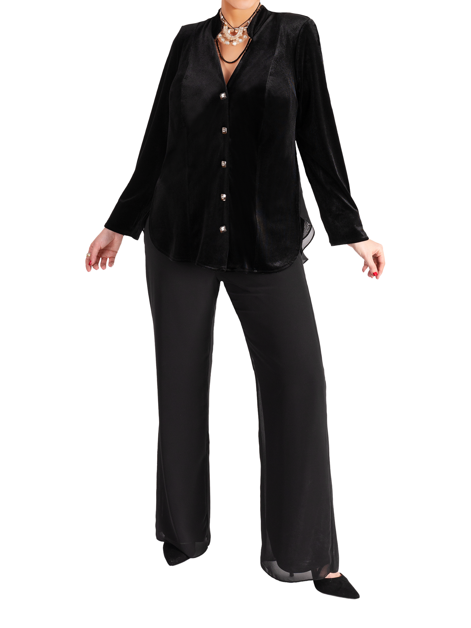 Product image 4 of 5, which shows chesca Stretch Velvet Chiffon Back Top, Black, 12-14