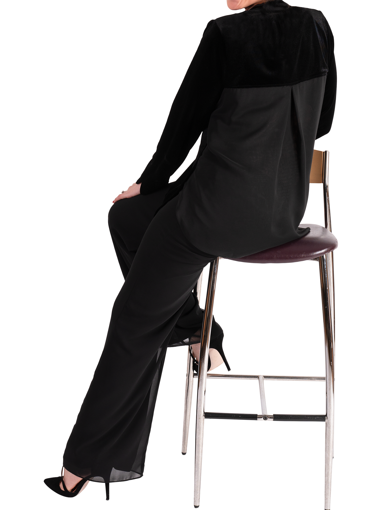 Product image 5 of 5, which shows chesca Stretch Velvet Chiffon Back Top, Black, 12-14