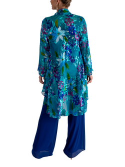 chesca Floral Satin Devore Swing Coat, Teal/Multi - view 2, Teal/Multi