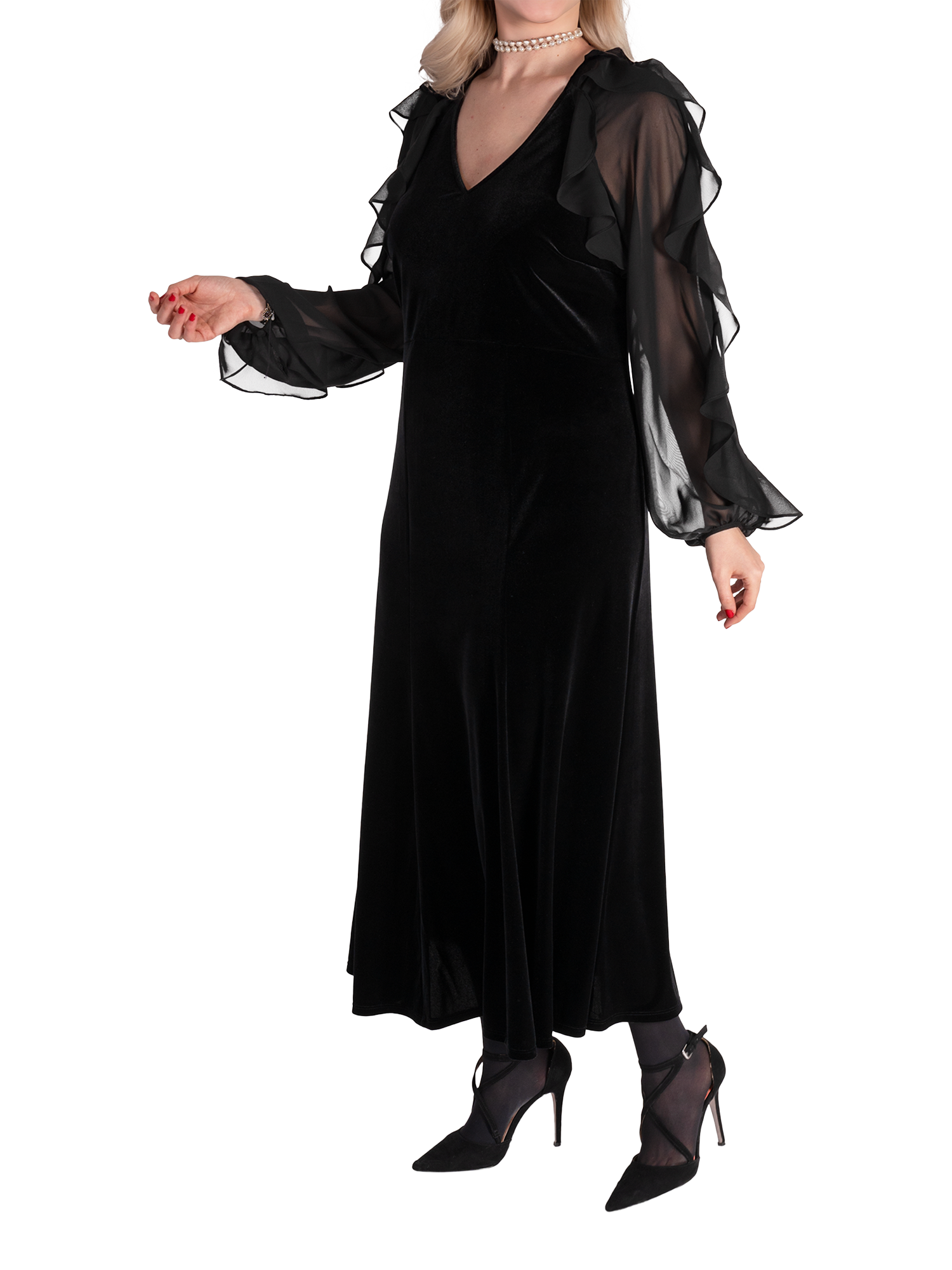 Product image 1 of 6, which shows chesca Stretch Velvet Midi Dress, Black, 12-14