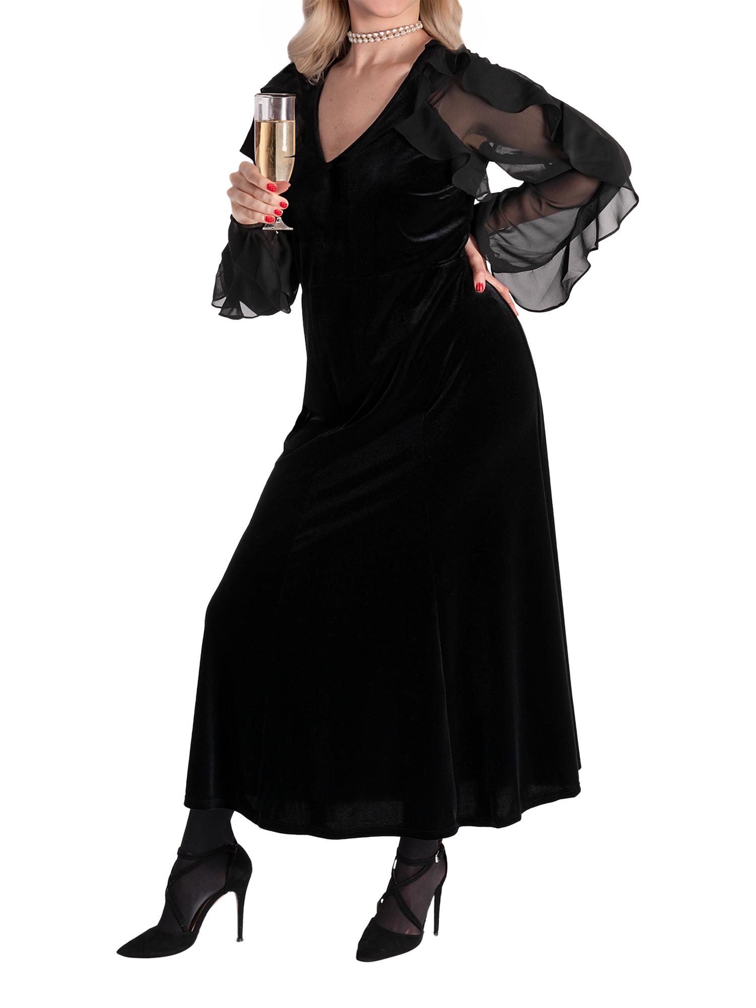 Product image 3 of 6, which shows chesca Stretch Velvet Midi Dress, Black, 12-14