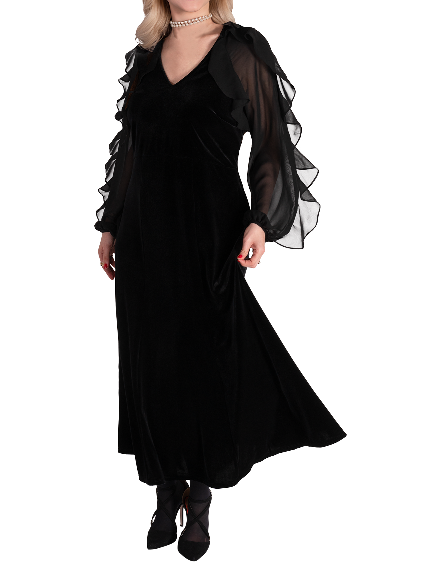 Product image 4 of 6, which shows chesca Stretch Velvet Midi Dress, Black, 12-14