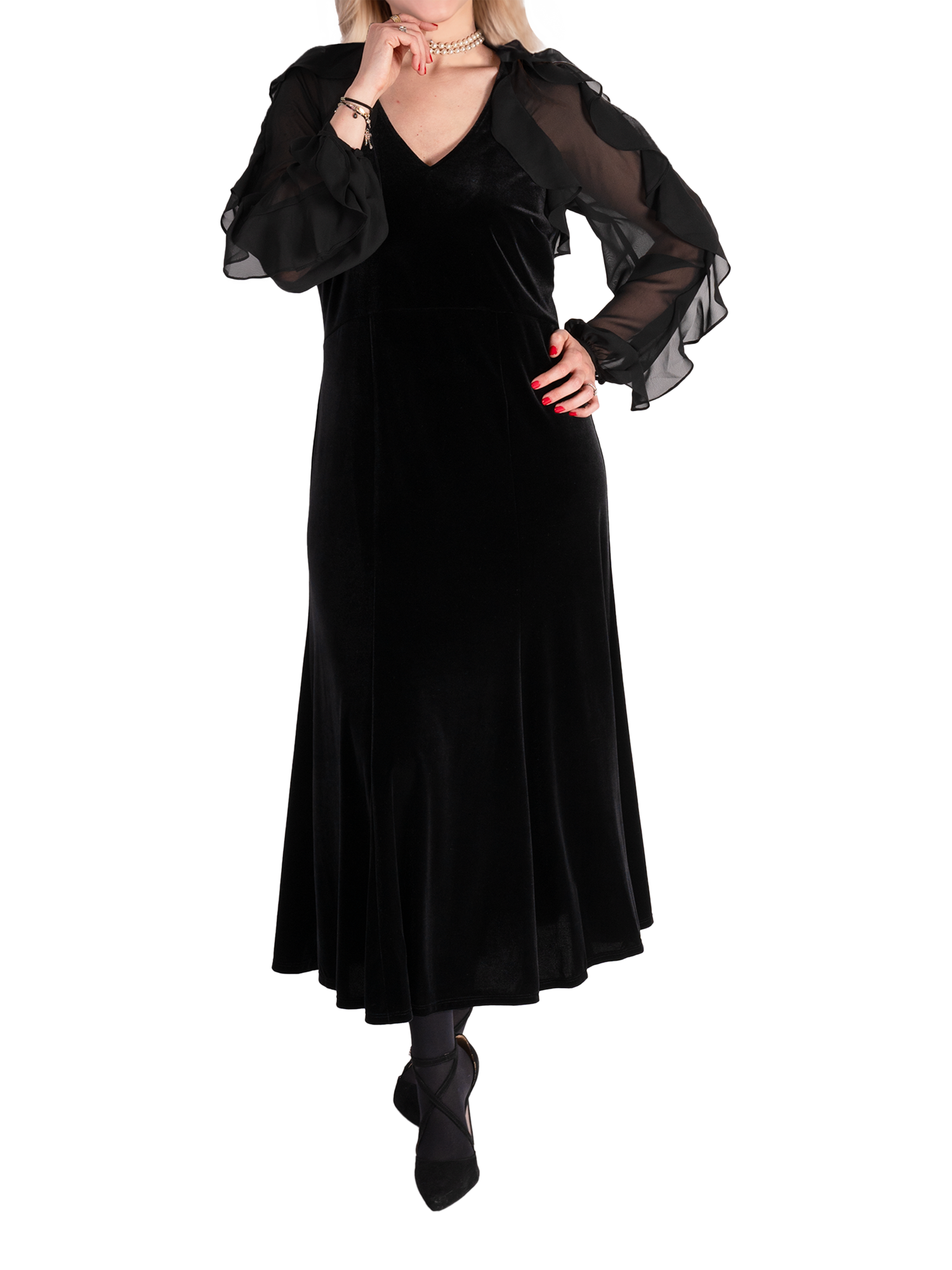 Product image 6 of 6, which shows chesca Stretch Velvet Midi Dress, Black, 12-14