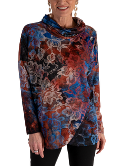 chesca Burnout Batik Wrap Top, Black/Cobalt/Copper, Black/Cobalt/Copper