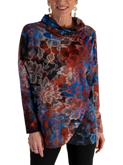 chesca Burnout Batik Wrap Top, Black/Cobalt/Copper, Black/Cobalt/Copper
