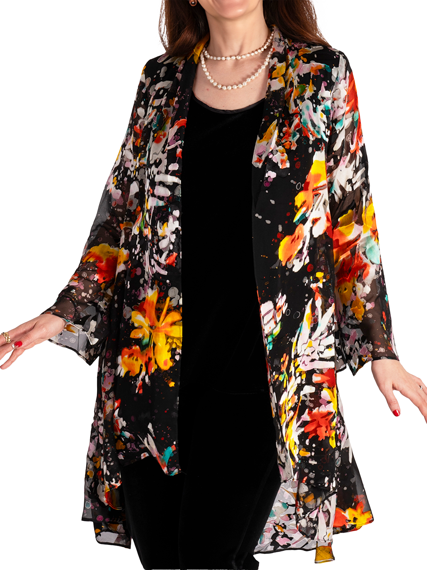 Product image 1 of 5, which shows chesca Tutti Frutti Satin Jacket, Black/Multi, 12-14