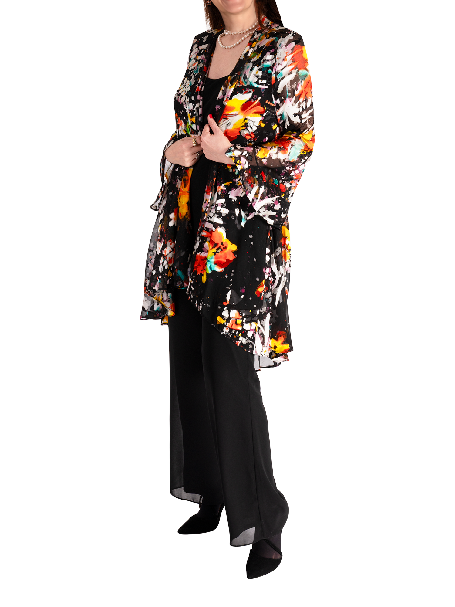Product image 4 of 5, which shows chesca Tutti Frutti Satin Jacket, Black/Multi, 12-14