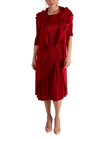 chesca Flower Detail Mock Jacket Overlay Chiffon Dress, Rouge, Rouge