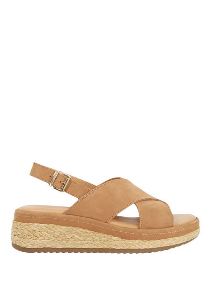 Dune London Kiya Nubuck Wedge Heel Strappy Footbed Sandals, Camel
