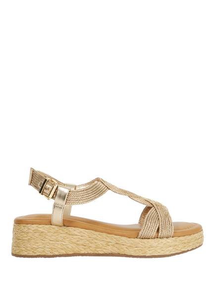 Dune London Laylah Fabric Wedge Heel Strappy Sandals, Gold Metallic, Gold Metallic