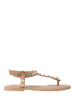 Carvela Amalfi Leather Embellished T-Bar Flat Sandals, Camel, Camel