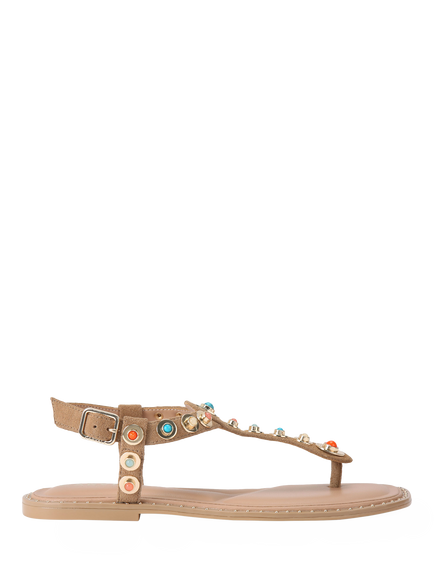 Carvela Amalfi Leather Embellished T-Bar Flat Sandals, Camel, Camel