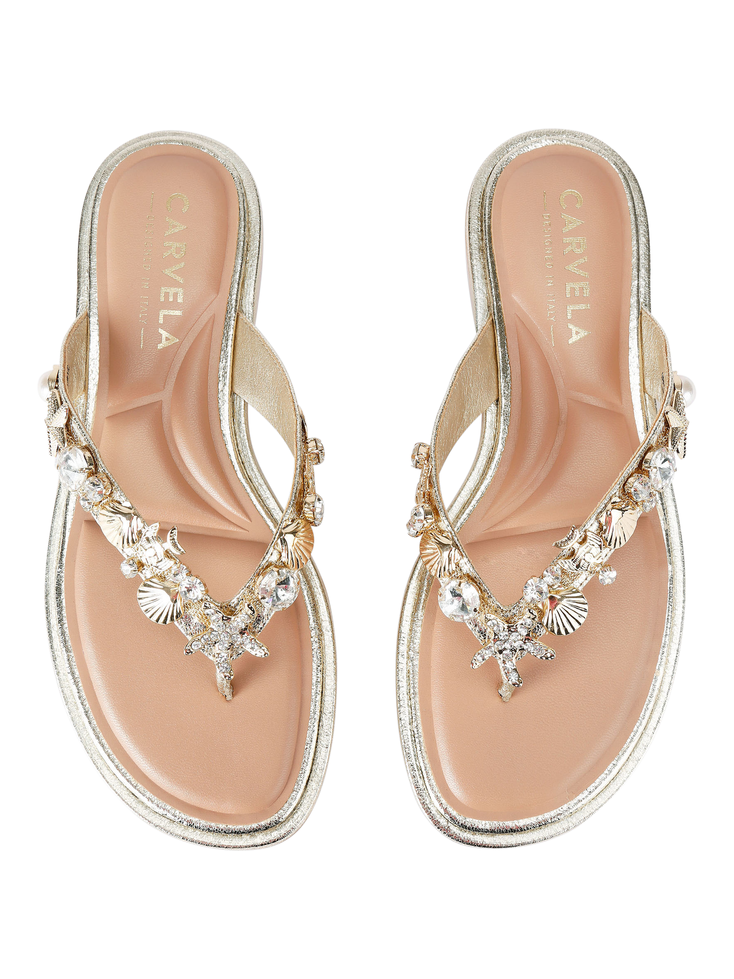 Product image 3 of 5, which shows Carvela Marina Embellished Open Toe Flat Sandals, Gold, 3