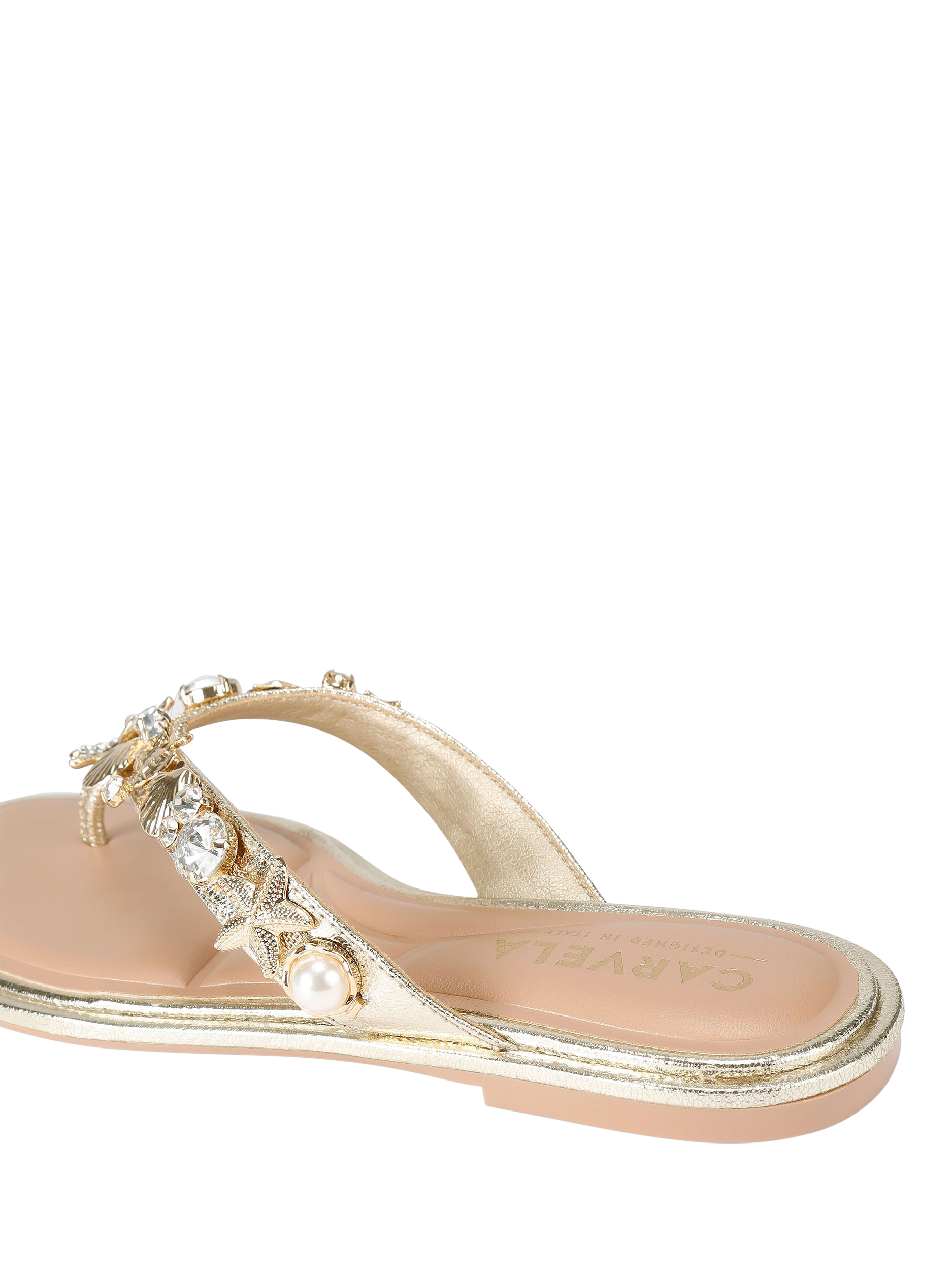 Product image 4 of 5, which shows Carvela Marina Embellished Open Toe Flat Sandals, Gold, 3