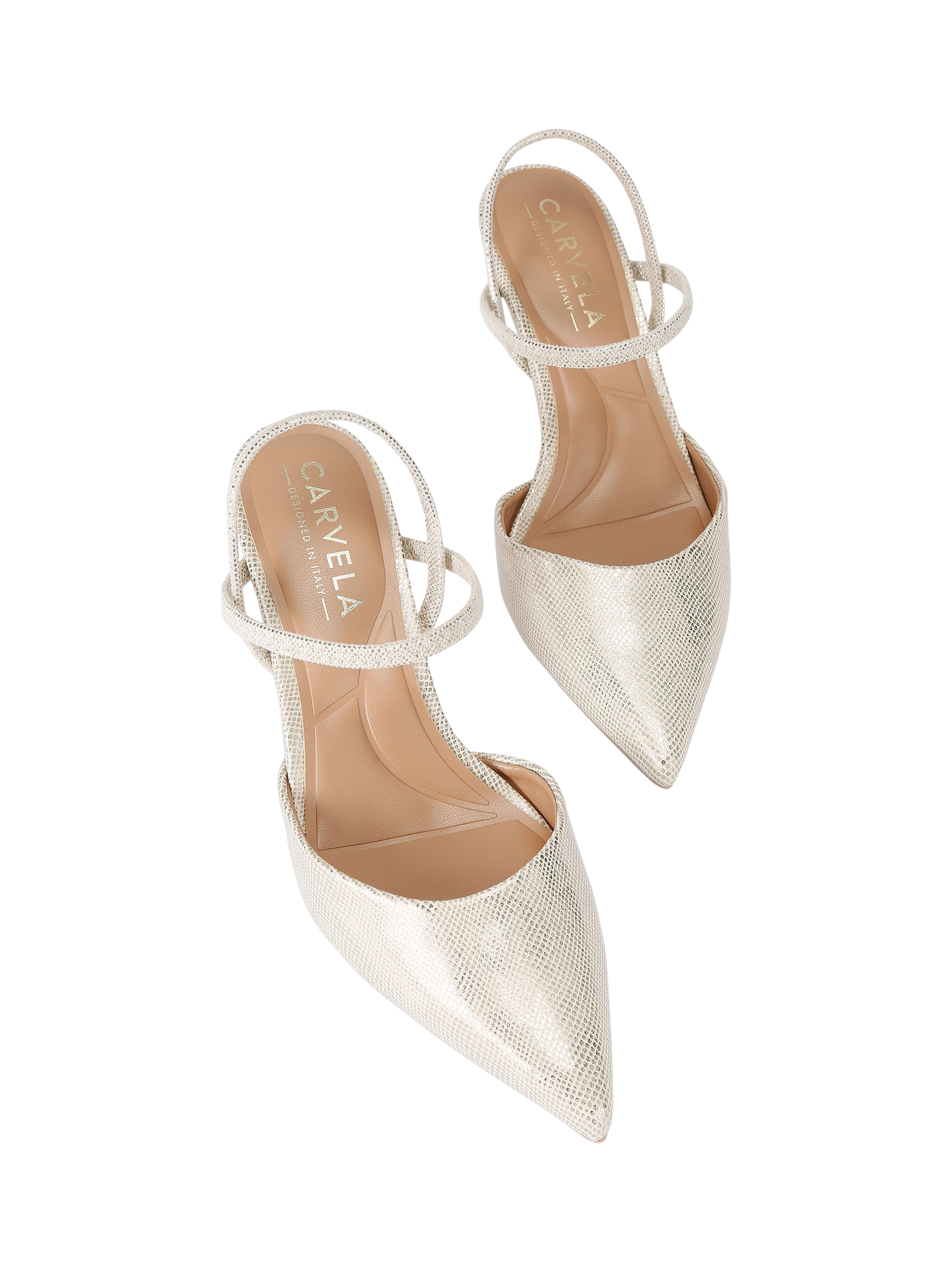 Product image 3 of 5, which shows Carvela Pastello Metallic Point Toe Strappy Sandals, Gold, 3