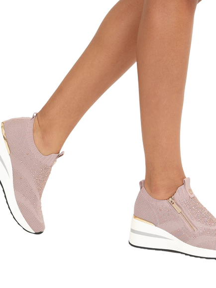 Carvela High Rise Zip Knit Trainers, Pink - view 2, Pink