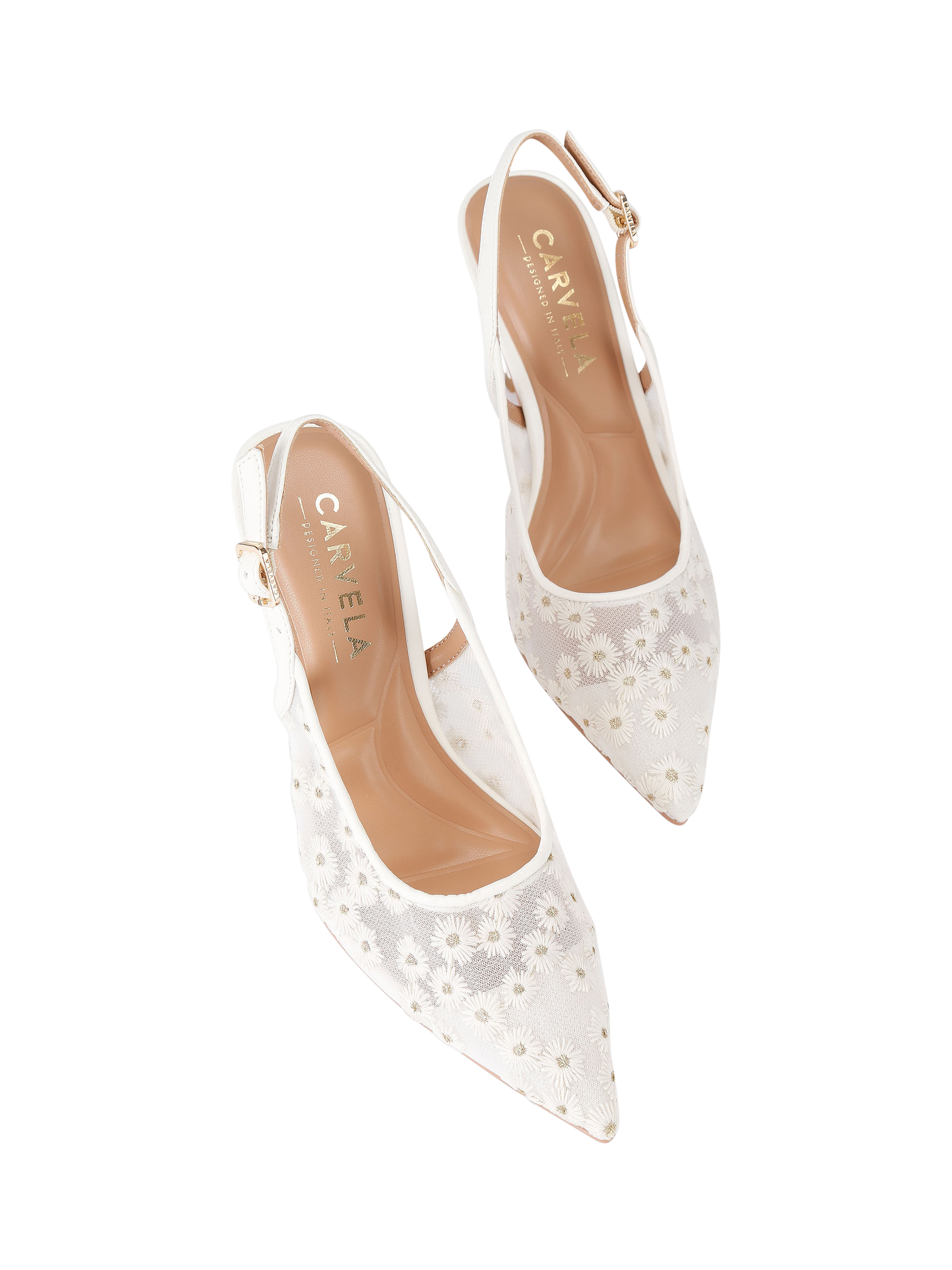 Product image 3 of 5, which shows Carvela Positano Embellished Mesh Pointed Slingback Sandals, White, 3