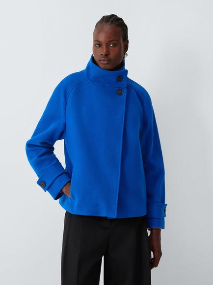 John Lewis Funnel Neck Asymmetric Wool Blend Short Jacket, Blue