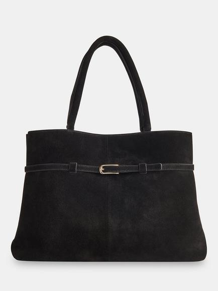 Whistles Noelle Buckle Detail Pure Suede Shoulder Bag, Black